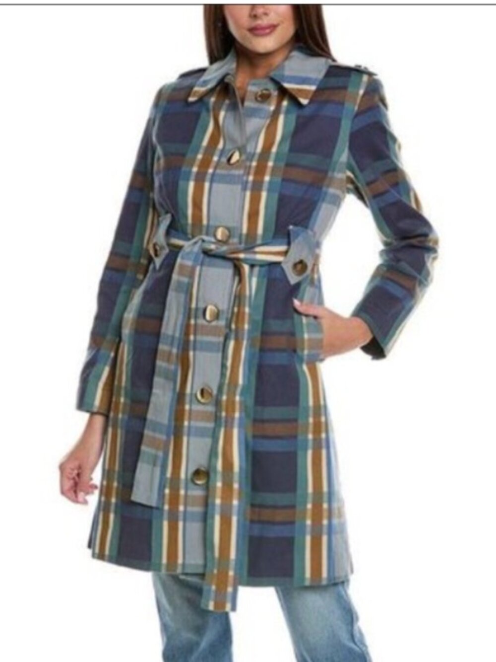 CAbi Plaid Trench Coat w/ Gold Buttons Size M